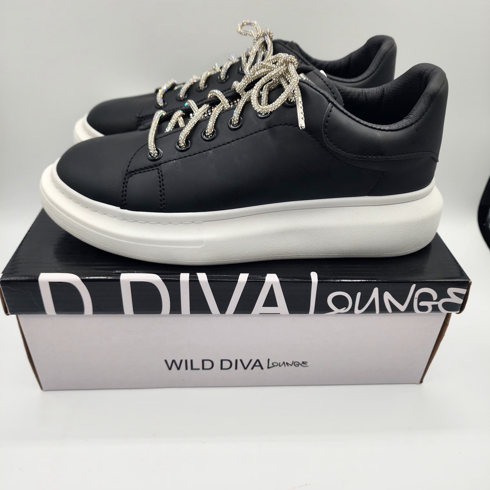Wild Diva Black and White Women's Sneakers W/White Crystal Accents - Picture 6 of 13